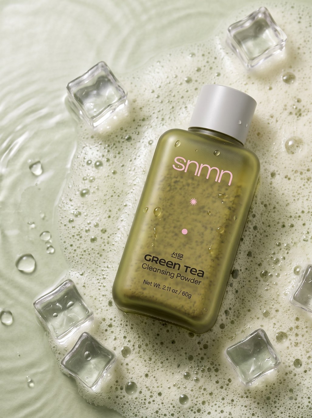 snmn green tea powder cleanser in hand