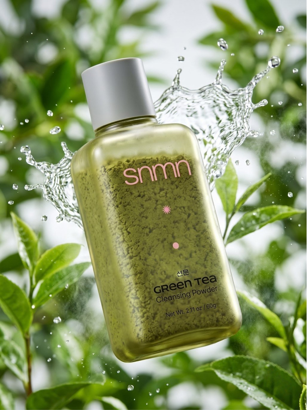 snmn green tea powder cleanser on a bathroom counter