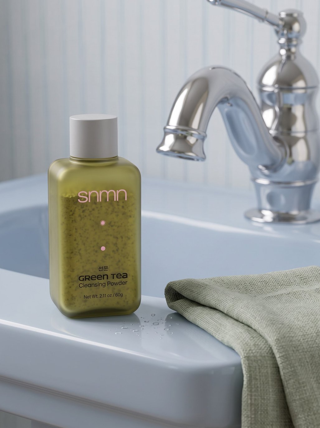 snmn green tea powder cleanser, ready to lather at the sink